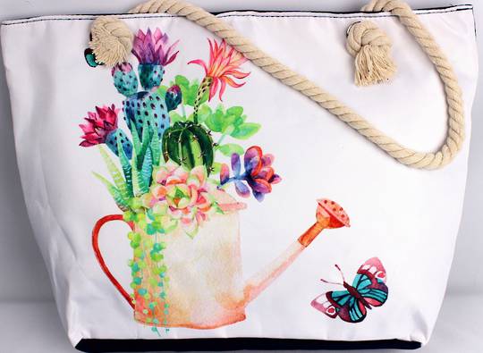 Colourful carry bag w base and rope handle 'watering can' print Style :AL/4692